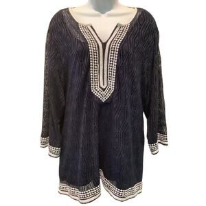 ALFRED DUNNER NAVY BLUE/WHITE LACE TRIM WOMEN’STUNIC TOP 3X